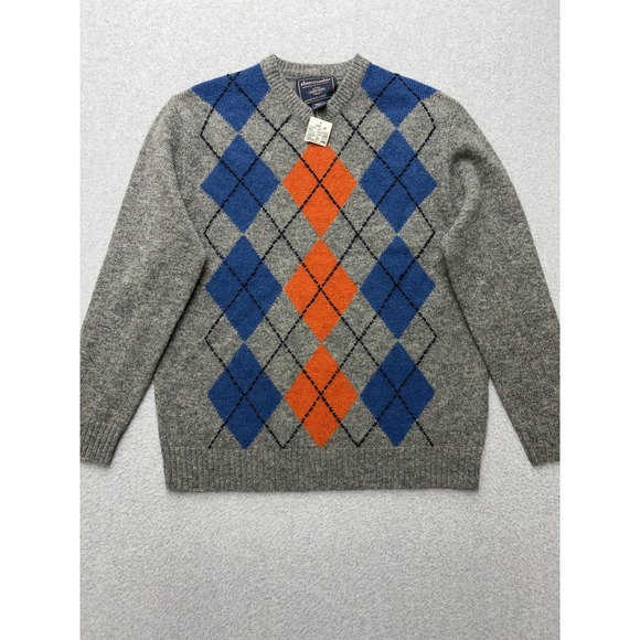 Abercrombie Sweater Mens XL Slim Fit Gray Blue Orange Argyle 100% Shetland Wool - Picture 1 of 12
